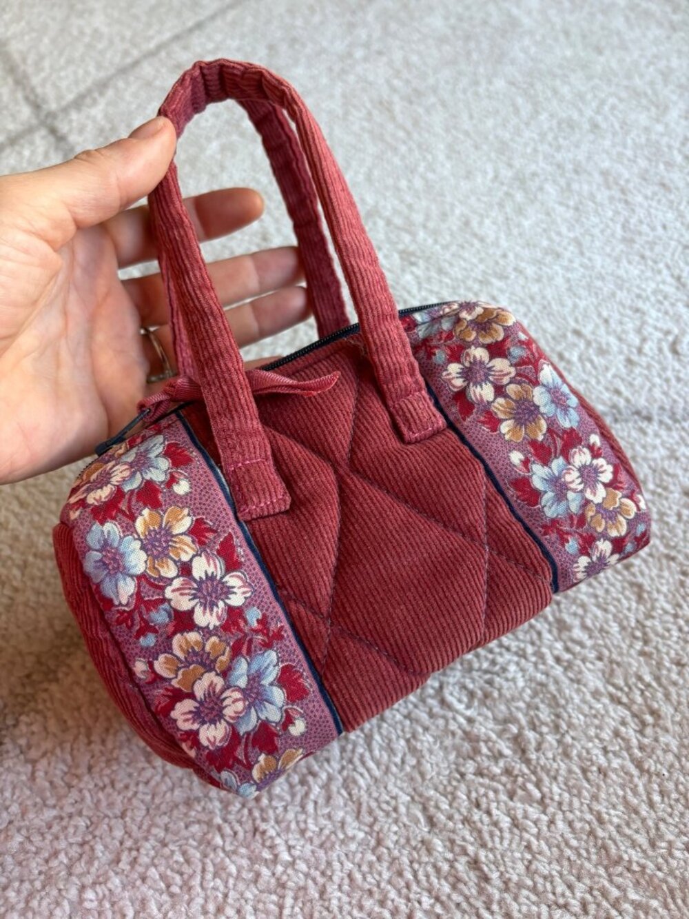 Vintage Anne Hilliard Quilted Corduroy Floral Mini Barrel Handbag Made USA Cotta